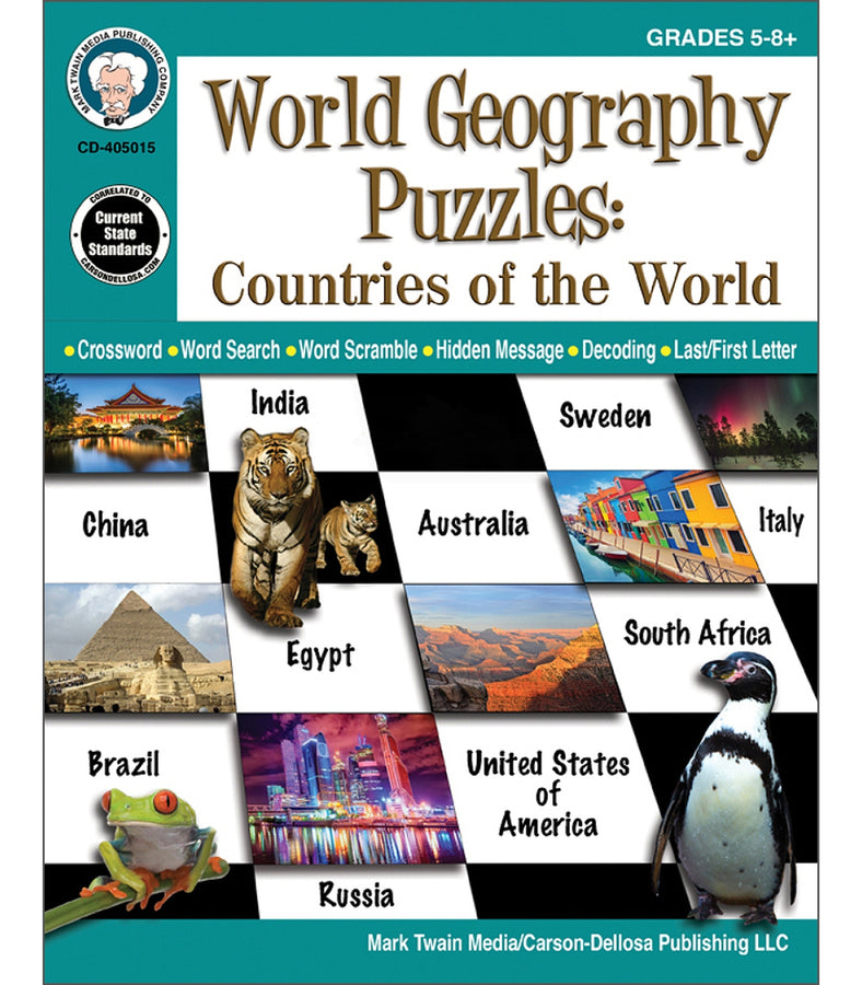 World Geography Puzzles: Countries of the World Workbook Grade 5-12