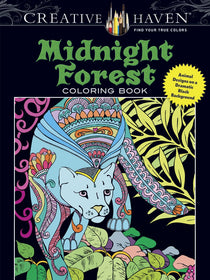 Creative Haven Midnight Forest Coloring Book: Animal Designs on a Dramatic Black Background